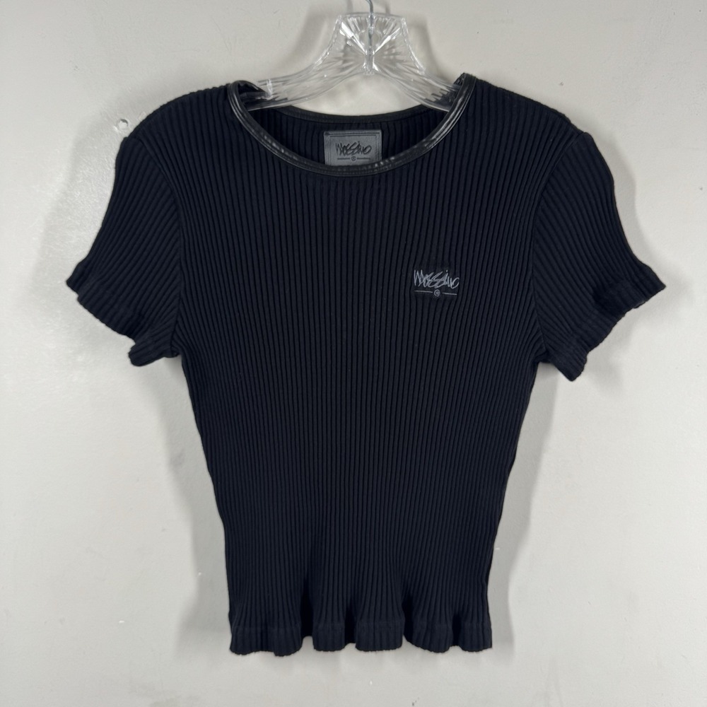 Mossimo Black Ribbed Vinyl Trim Cap Sleeve Crop Babydoll Top Shirt USA Y2K Sz L